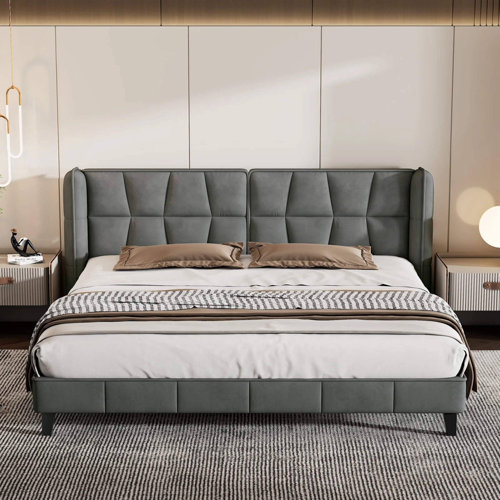 Herning Double Bed 180x200 cm – Grey Velvet with Padded Headboard - Image 4