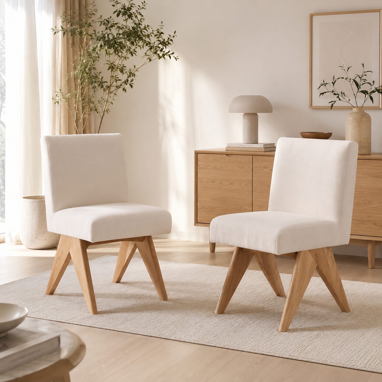 Sillas de comedor Skanör, de chenilla beige con patas de madera maciza - Juego de 2