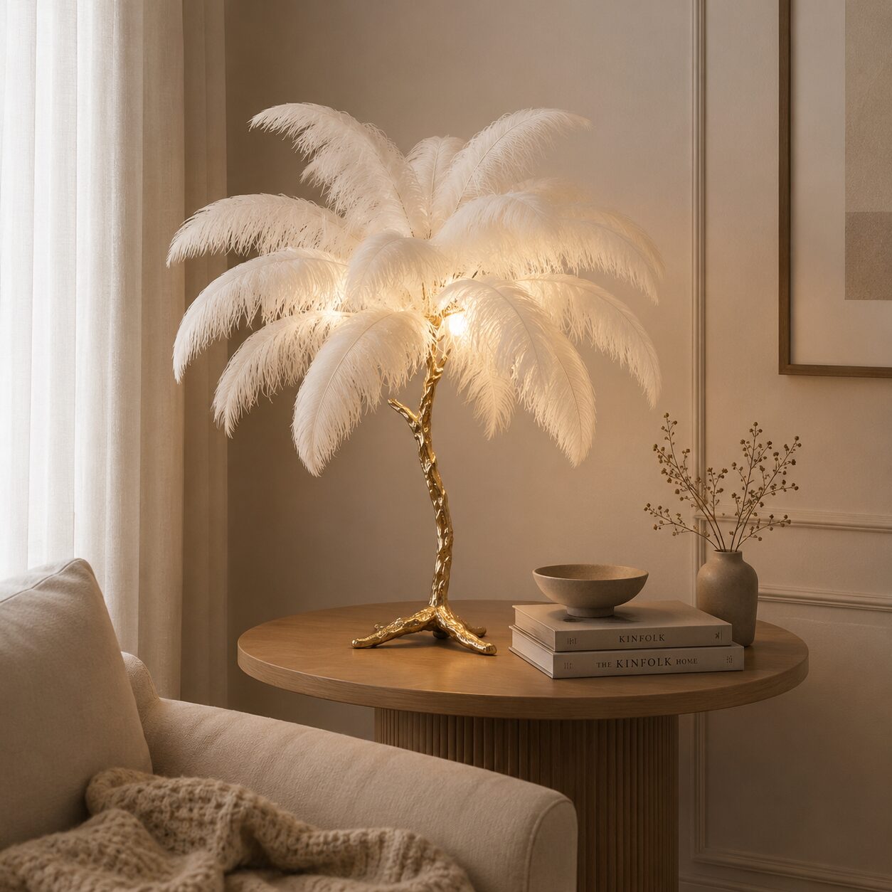 Lámpara de mesa Amèlie: lámpara de plumas de avestruz con base de cobre