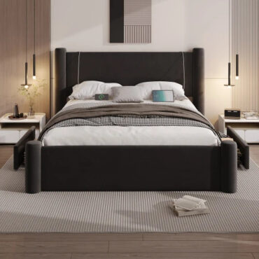 Cama Roskilde de 160 x 200 cm con espacio de almacenamiento – Terciopelo negro