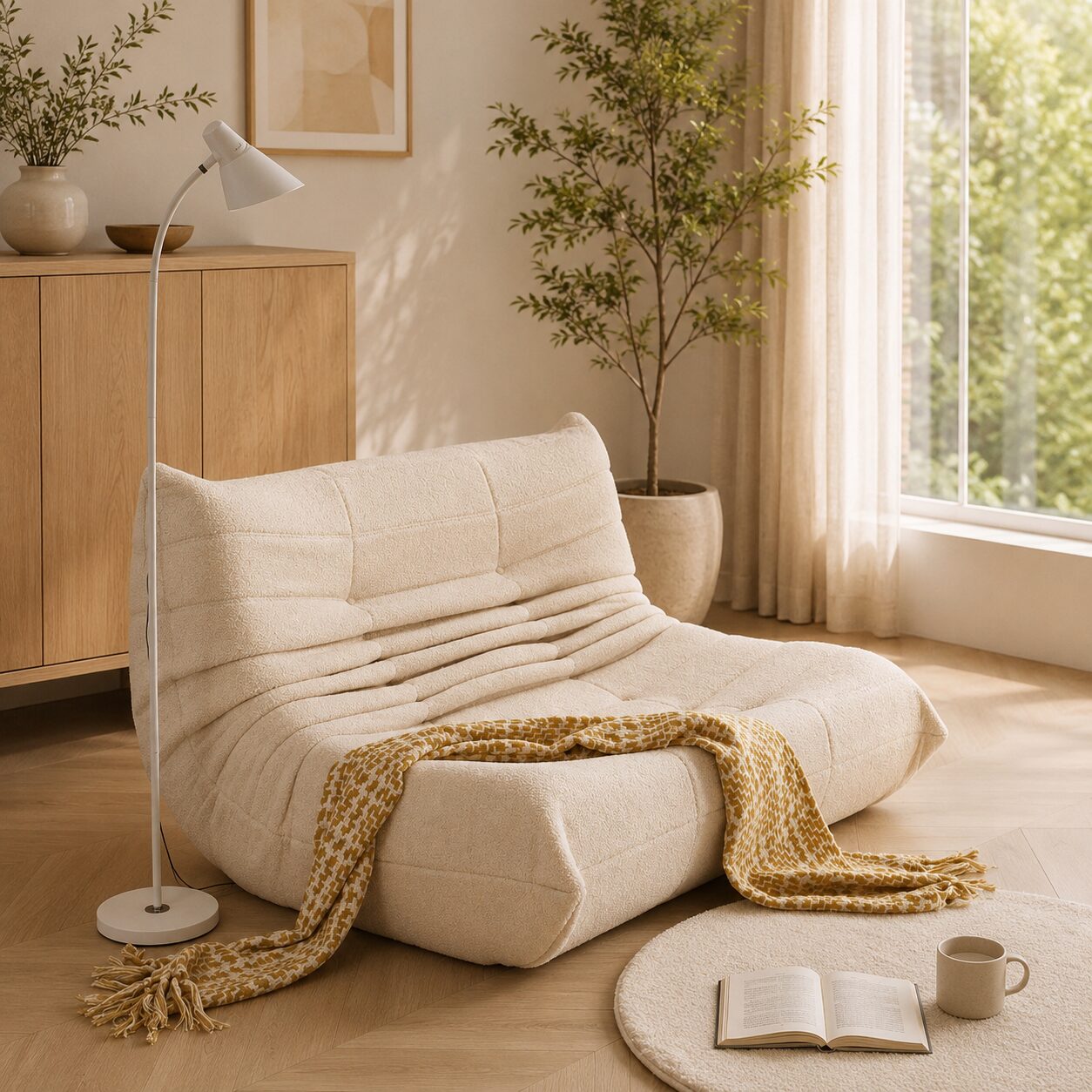 Sofá de dos plazas Stavanger – Bouclé beige, comodidad escandinava