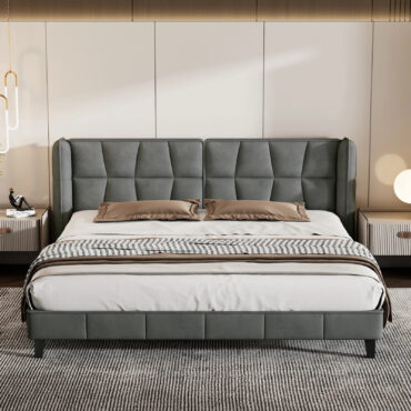 Herning Double Bed 180x200 cm – Grey Velvet with Padded Headboard