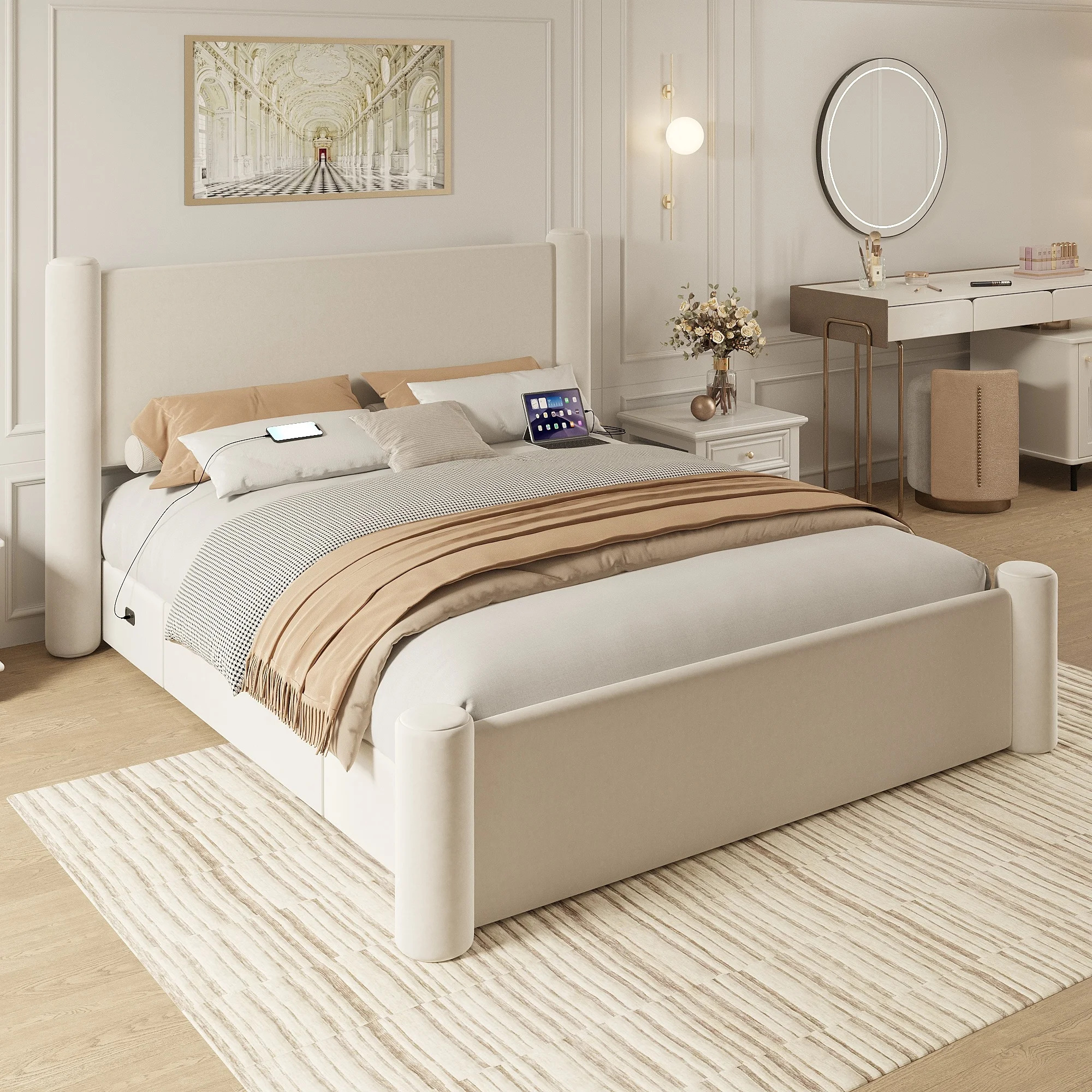 Roskilde Bed 160x200 cm with Storage – Beige Velvet - Imagen 3