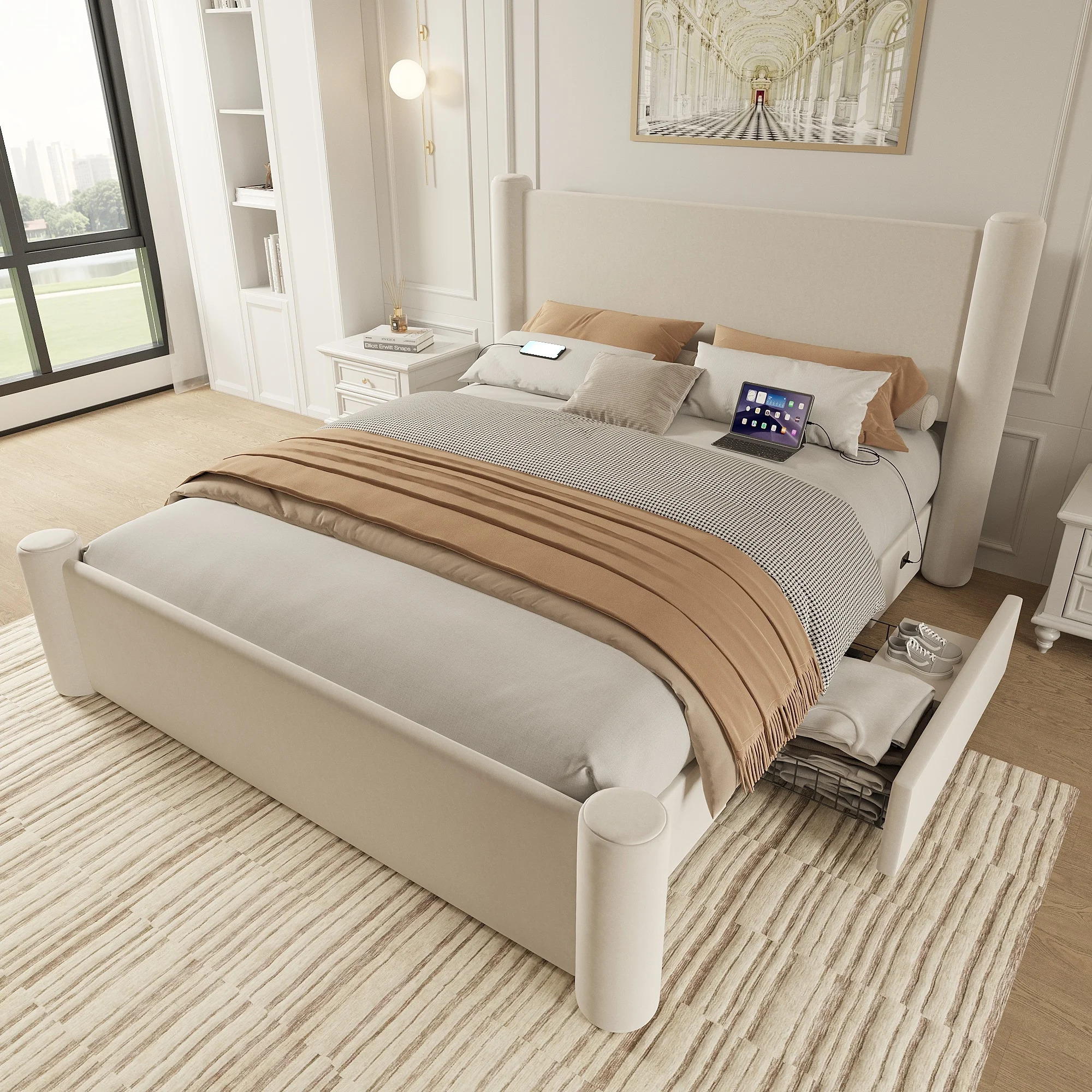Roskilde Bed 160x200 cm with Storage – Beige Velvet - Imagen 7