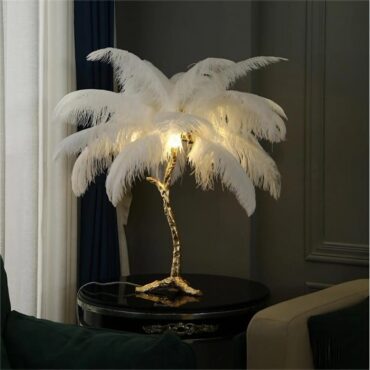 Amèlie Table Lamp – Ostrich Feather Lamp with Copper Base