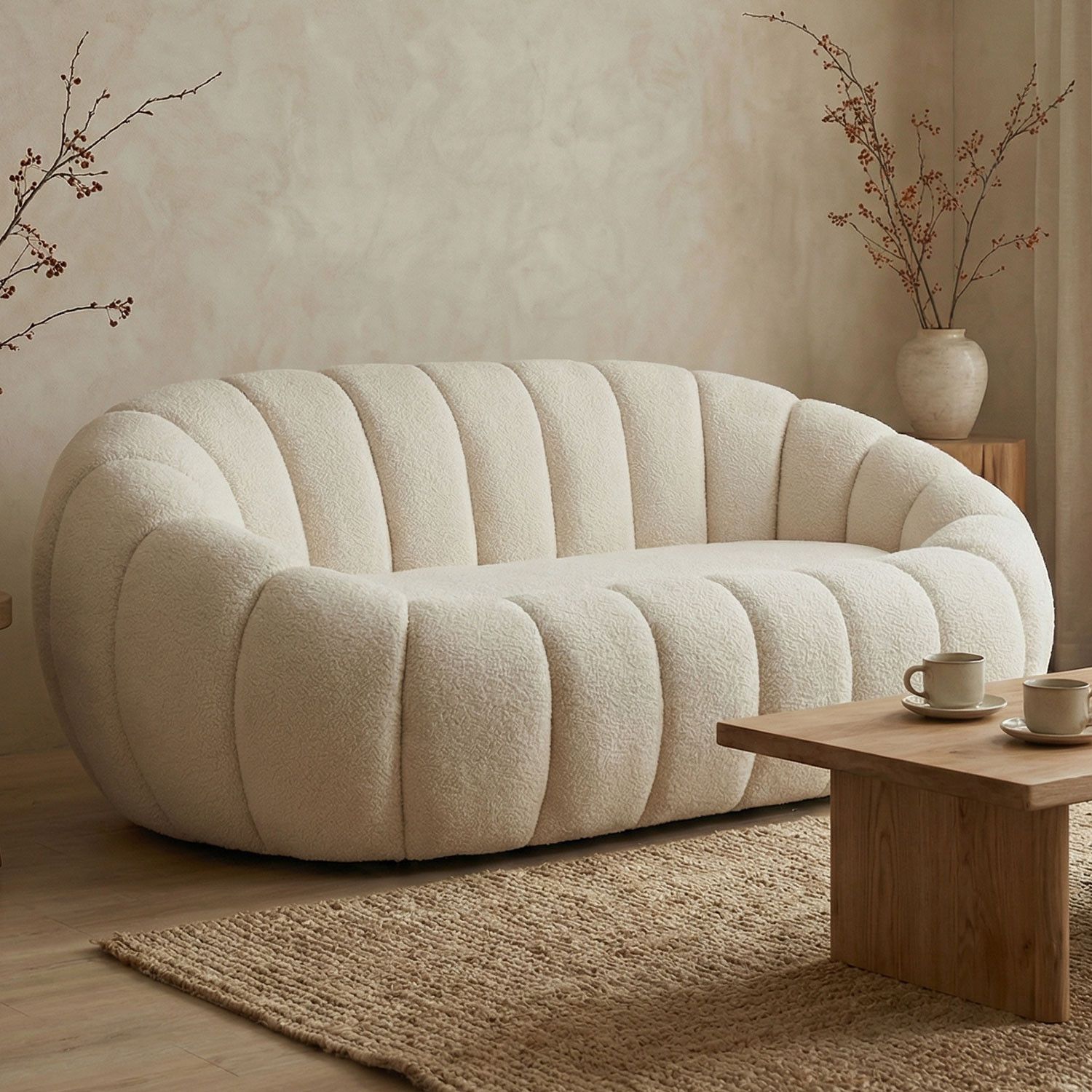 Sofá de 2 plazas Horsens – Diseño tipo concha, tapizado en bouclé color crema - Imagen 2