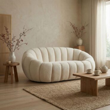 Sofá de 2 plazas Horsens – Diseño tipo concha, tapizado en bouclé color crema