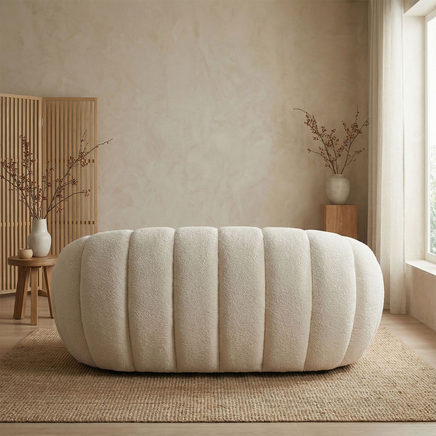 Sofá de 2 plazas Horsens – Diseño tipo concha, tapizado en bouclé color crema - Imagen 7