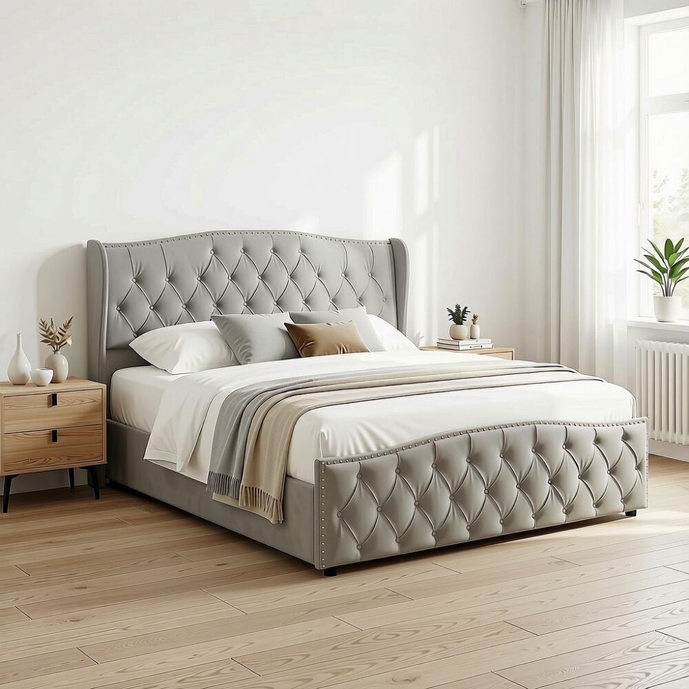 Vejle Velvet Double Bed 160 x 200 cm with Storage - Grey