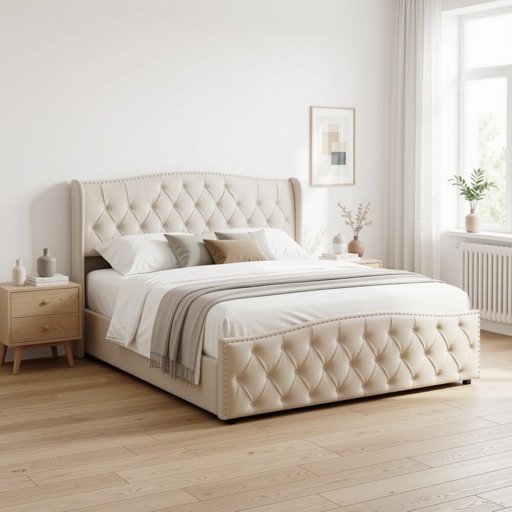 Vejle Velvet Double Bed 160 x 200 cm with Storage - Beige