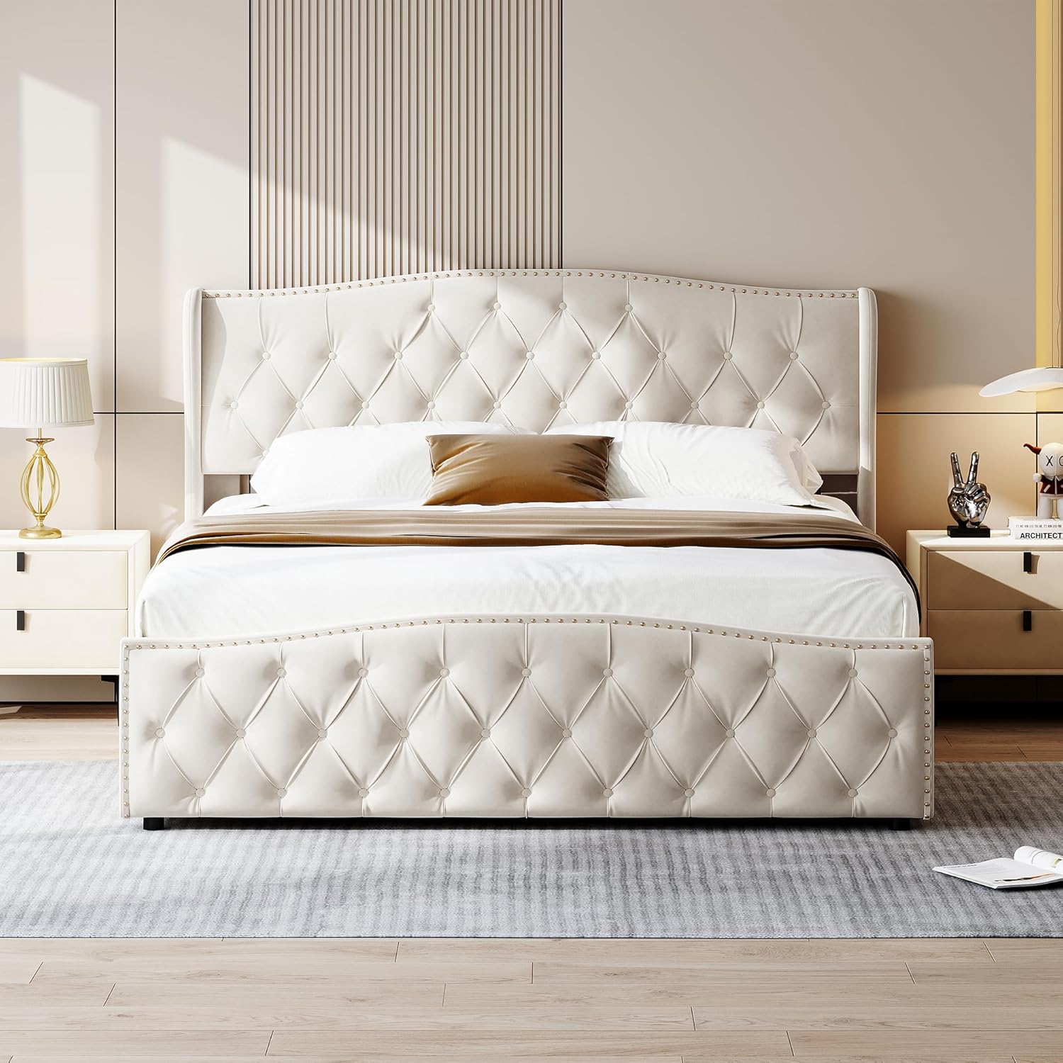 Vejle Velvet Double Bed 160 x 200 cm with Storage - Beige - Image 5